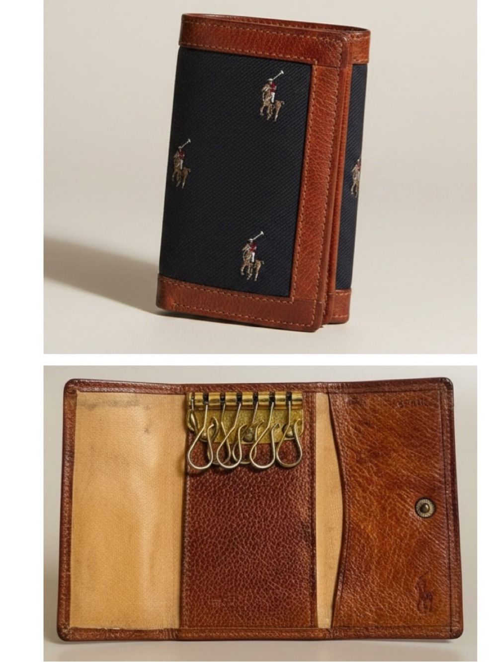Polo Ralph Lauren Vintage Canvas & Leather Key Case Wallet Cards Pony Navy Brown
